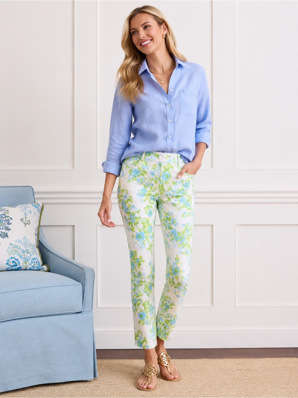 J.McLaughlin Floral Ankle Pants Size 0 Blue Green White Stretch